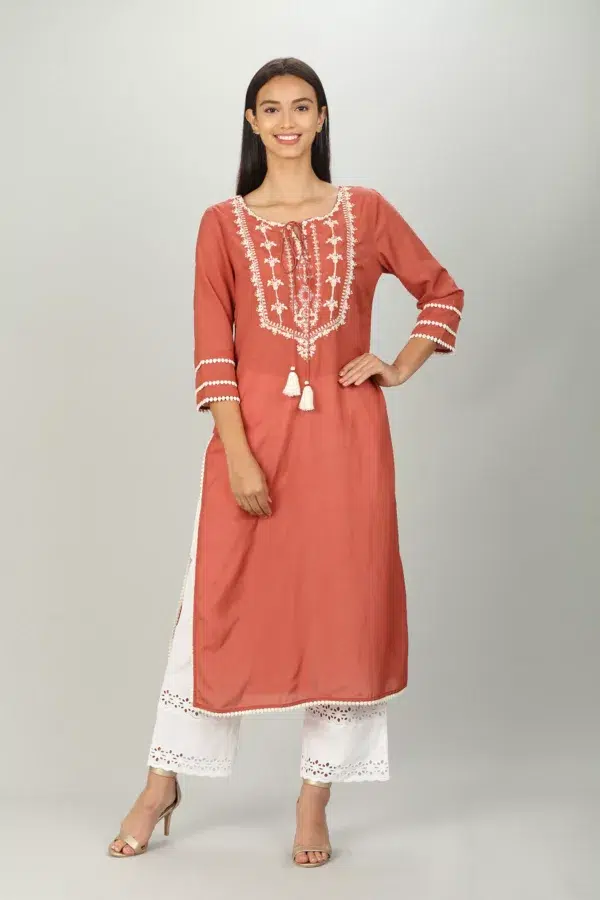 Embroidered Peach Colour Kurti For Women