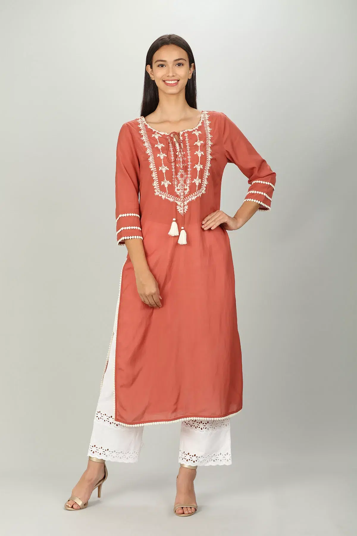 Embroidered Peach Colour Kurti For Women