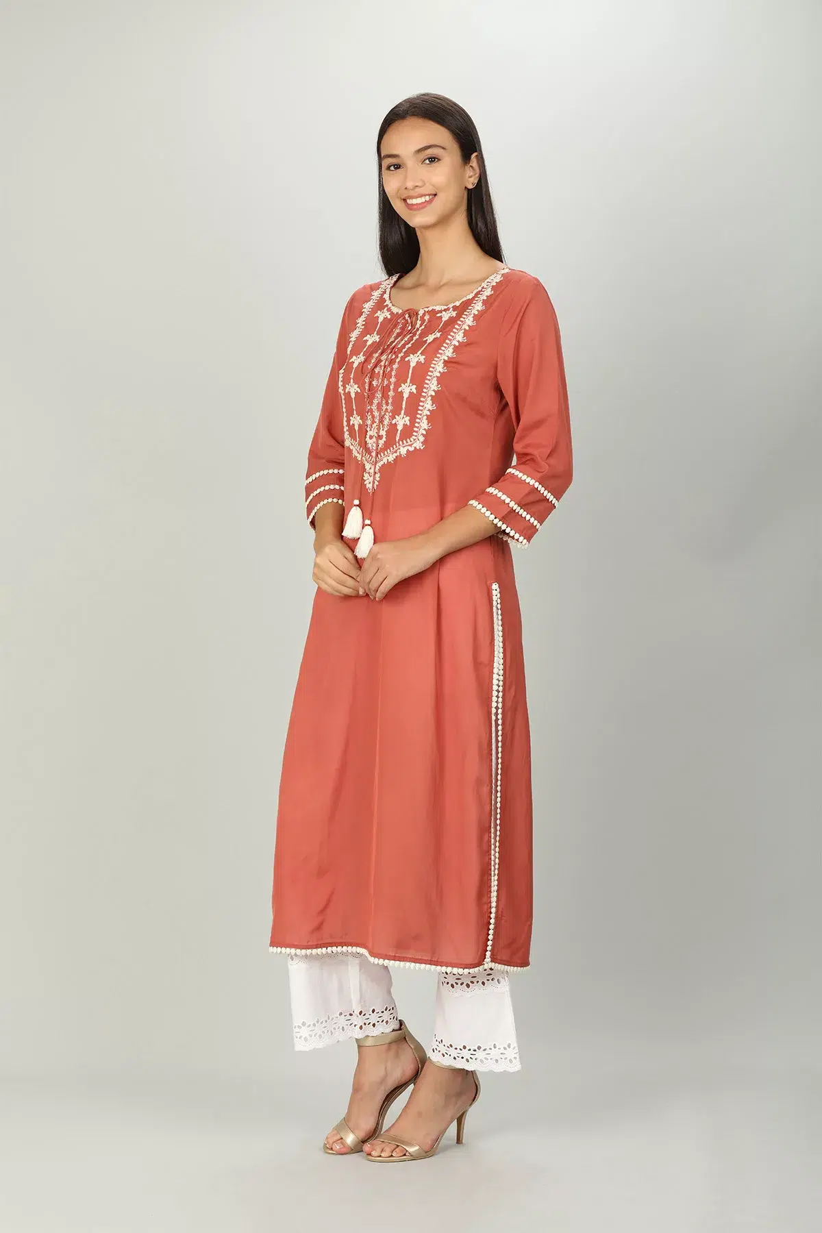 Embroidered Peach Colour Kurti For Women