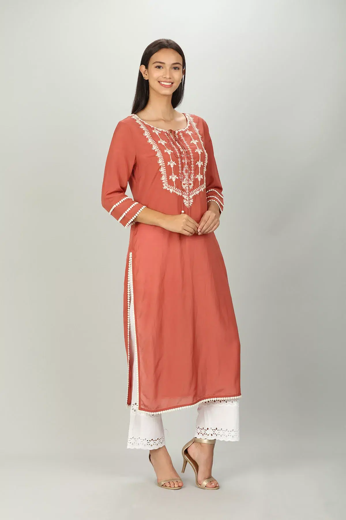 Embroidered Peach Colour Kurti For Women