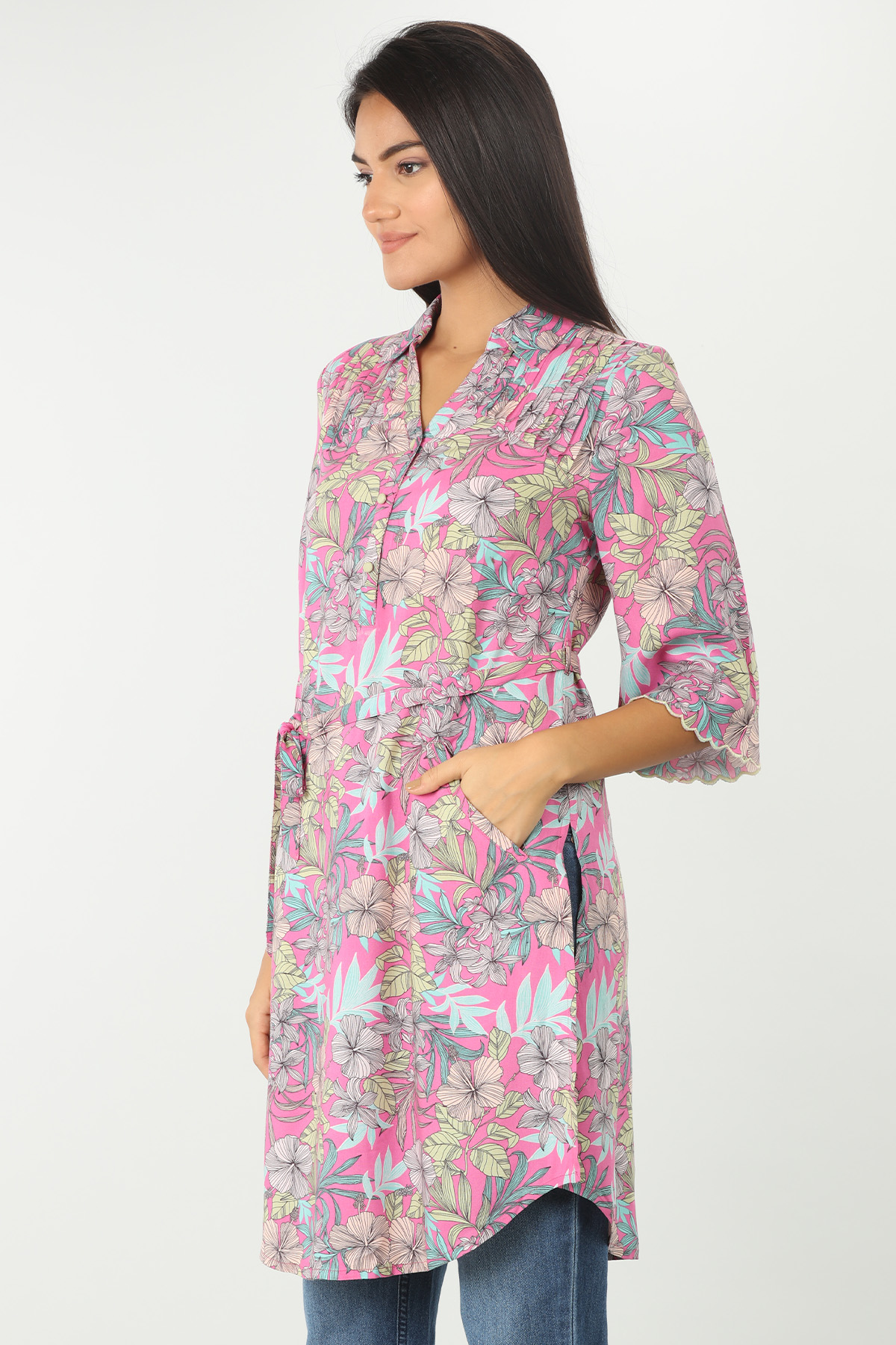 Pink floral print Tunic with collared neck - Image 3