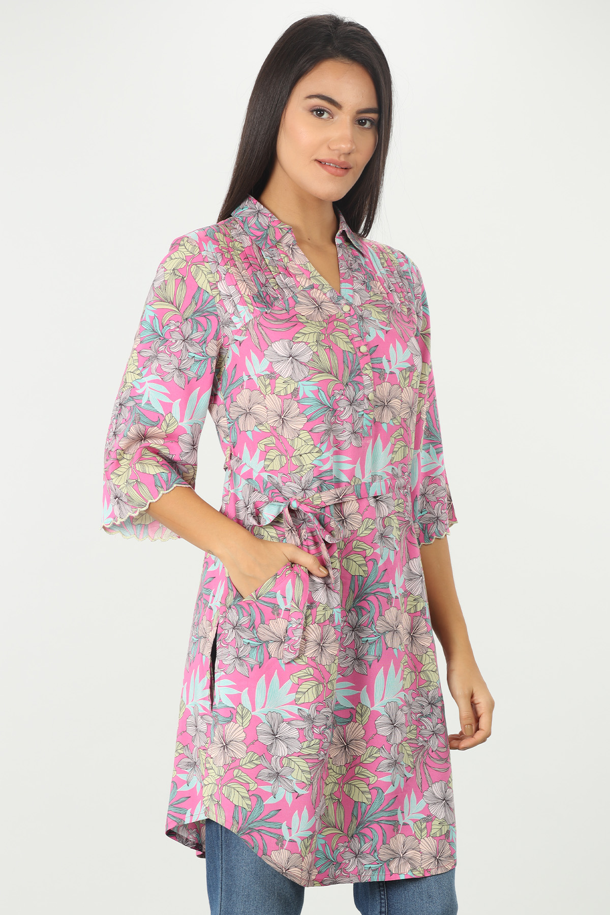 Pink floral print Tunic with collared neck - Image 2