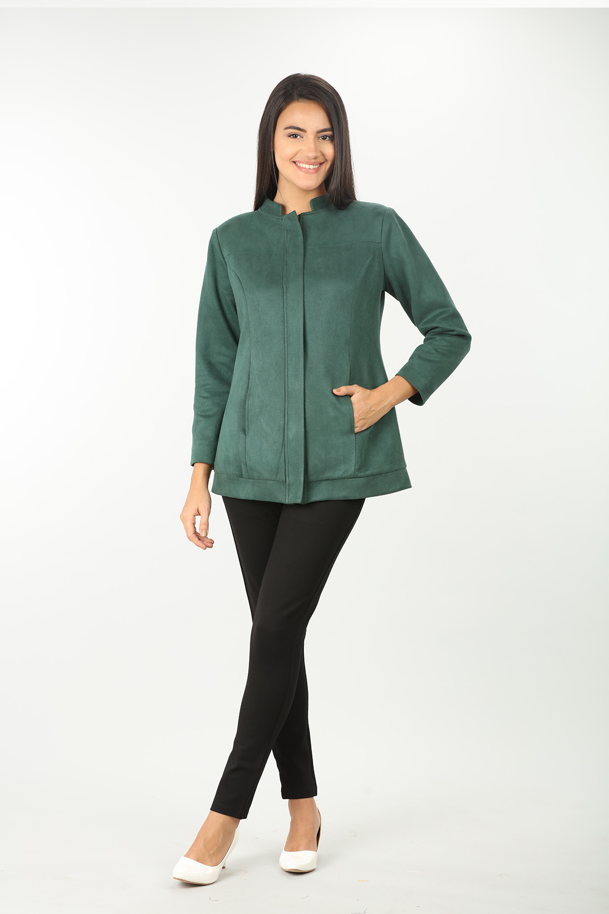 Green winter jacket with standing collar - Image 4