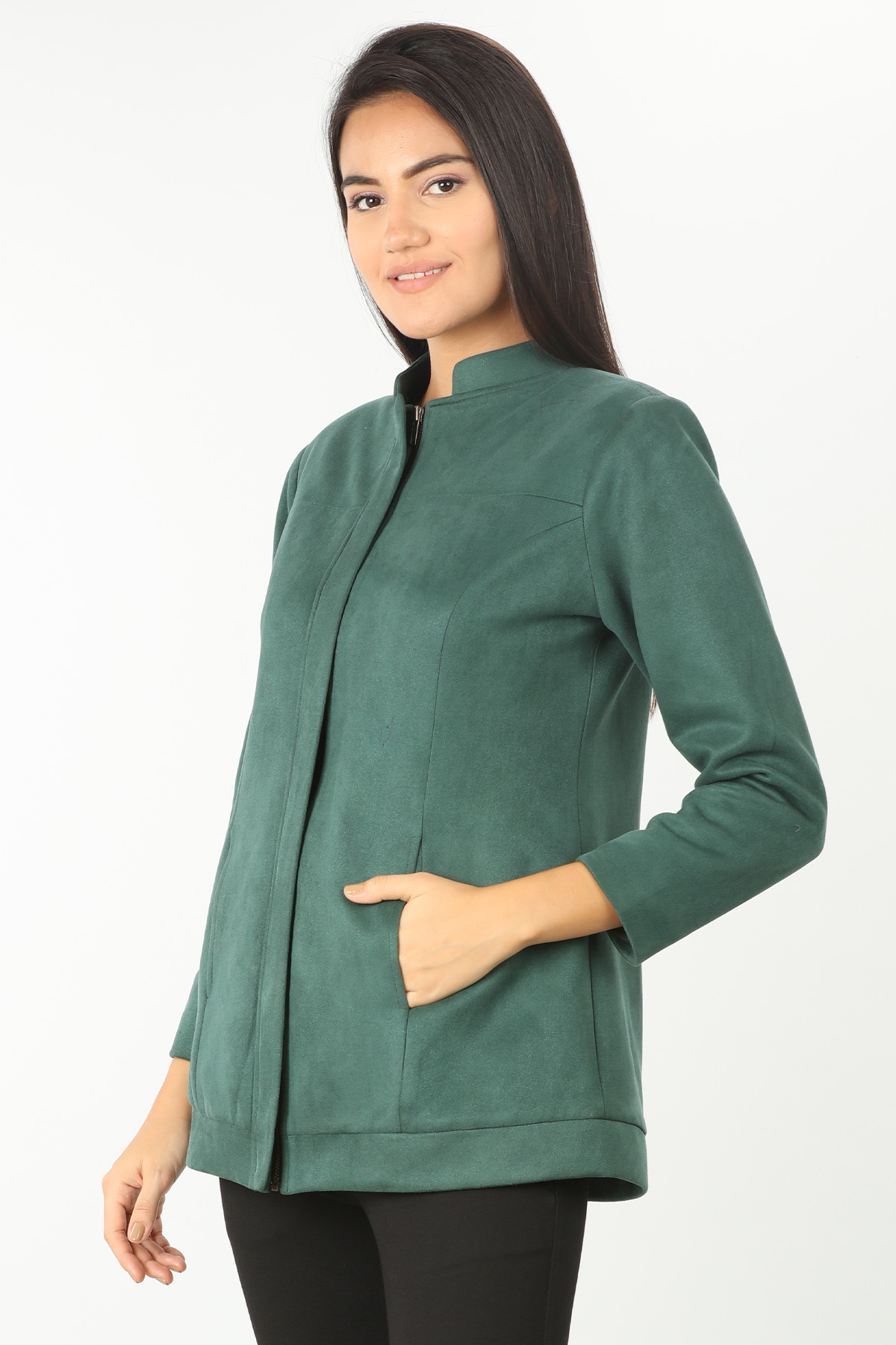 Green winter jacket with standing collar - Image 3