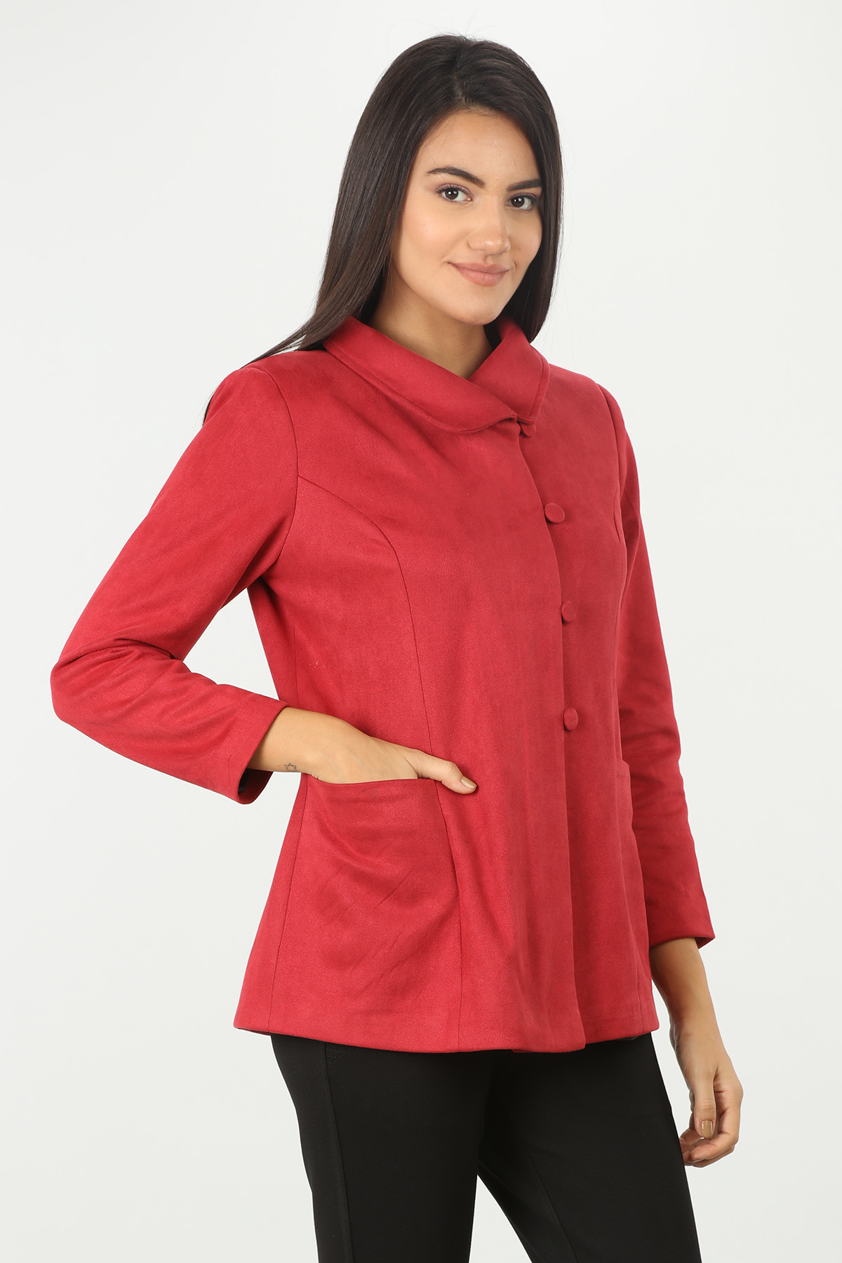 Red Solid Suede Jacket - Image 2