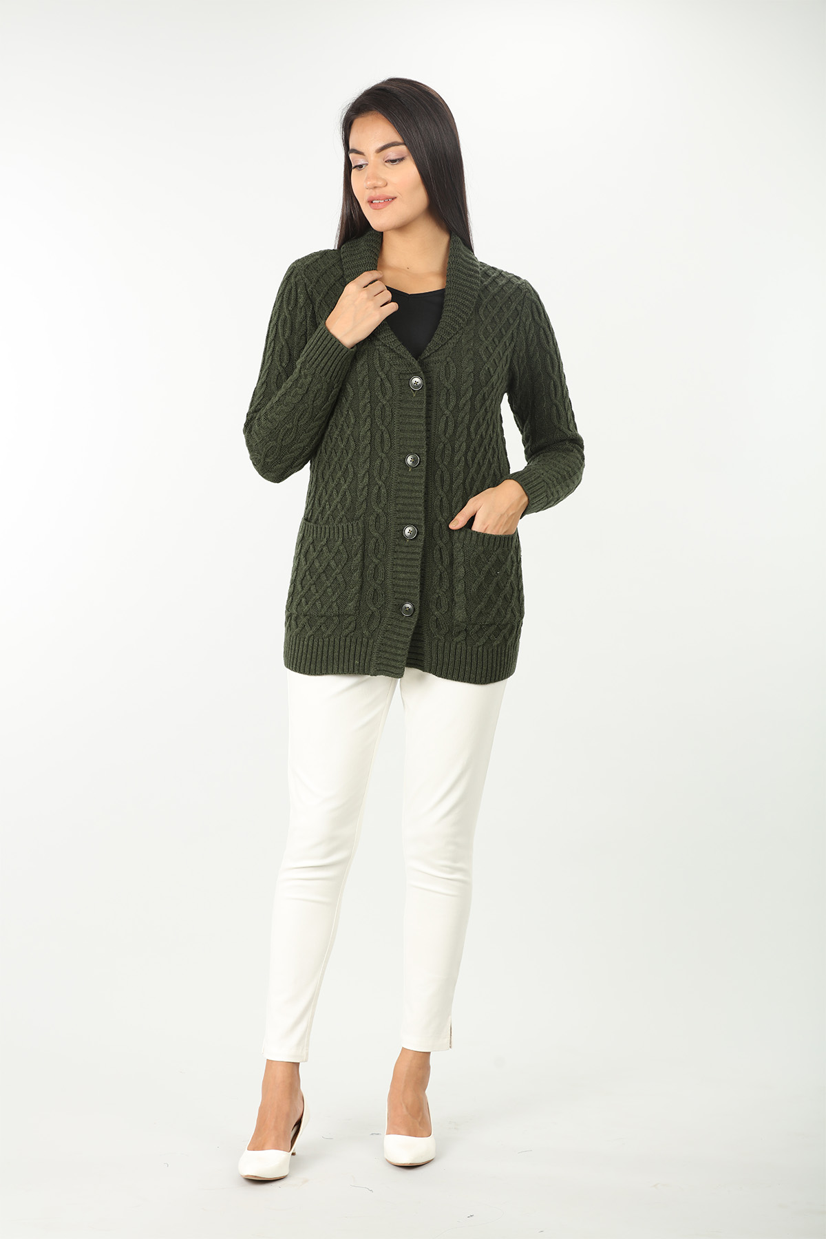 Olive Green Cable Cardigan - Image 4