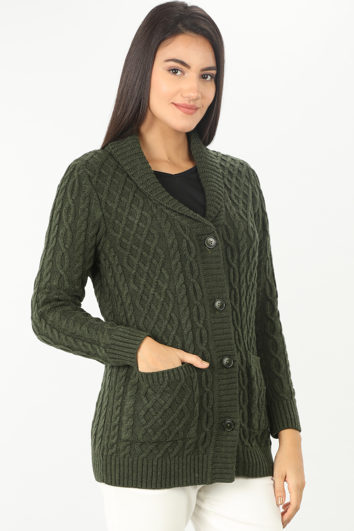 Olive Green Cable Cardigan - Image 2