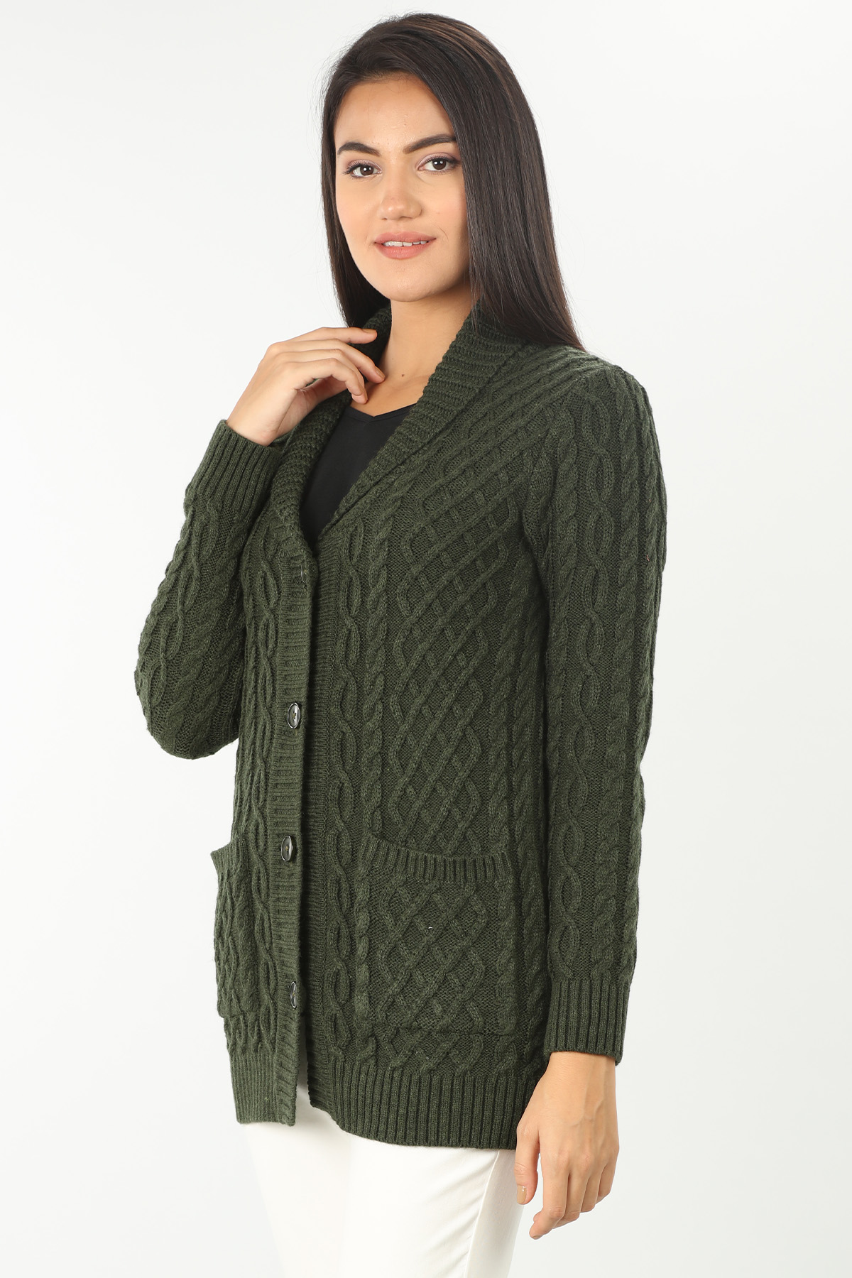 Olive Green Cable Cardigan - Image 3