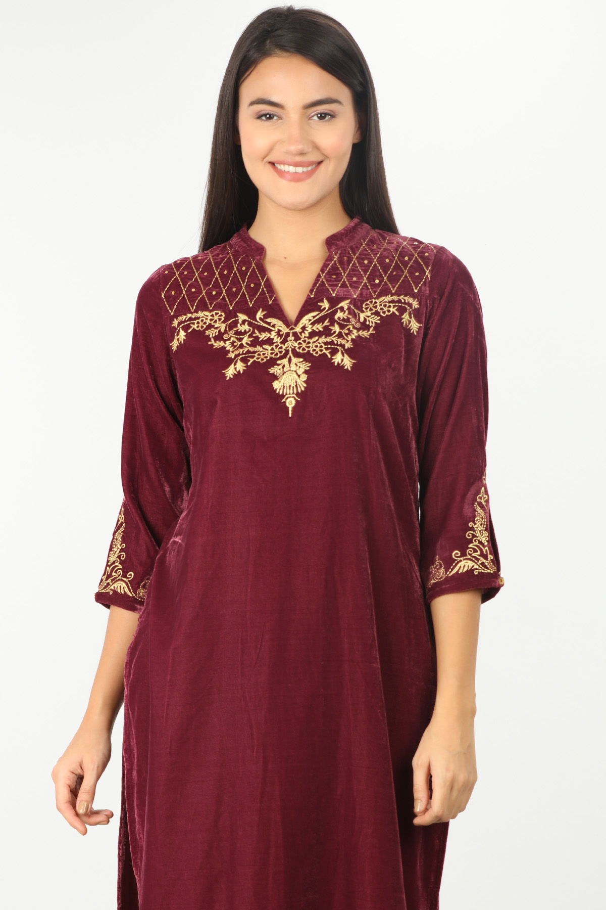 Burgundy Velvet Embellished Kurti - Image 4