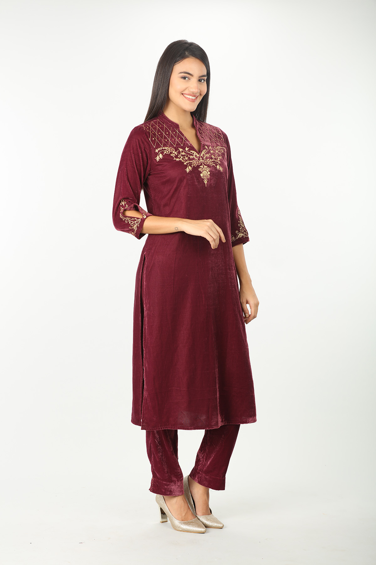 Burgundy Velvet Embellished Kurti - Image 2