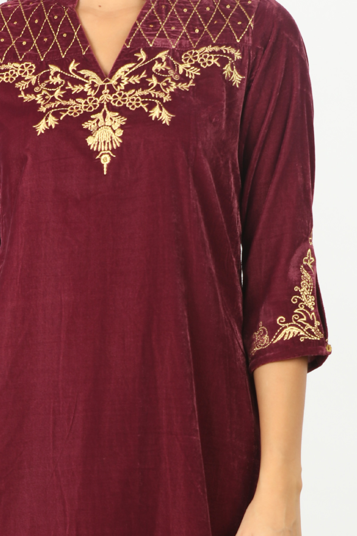 Burgundy Velvet Embellished Kurti - Image 5