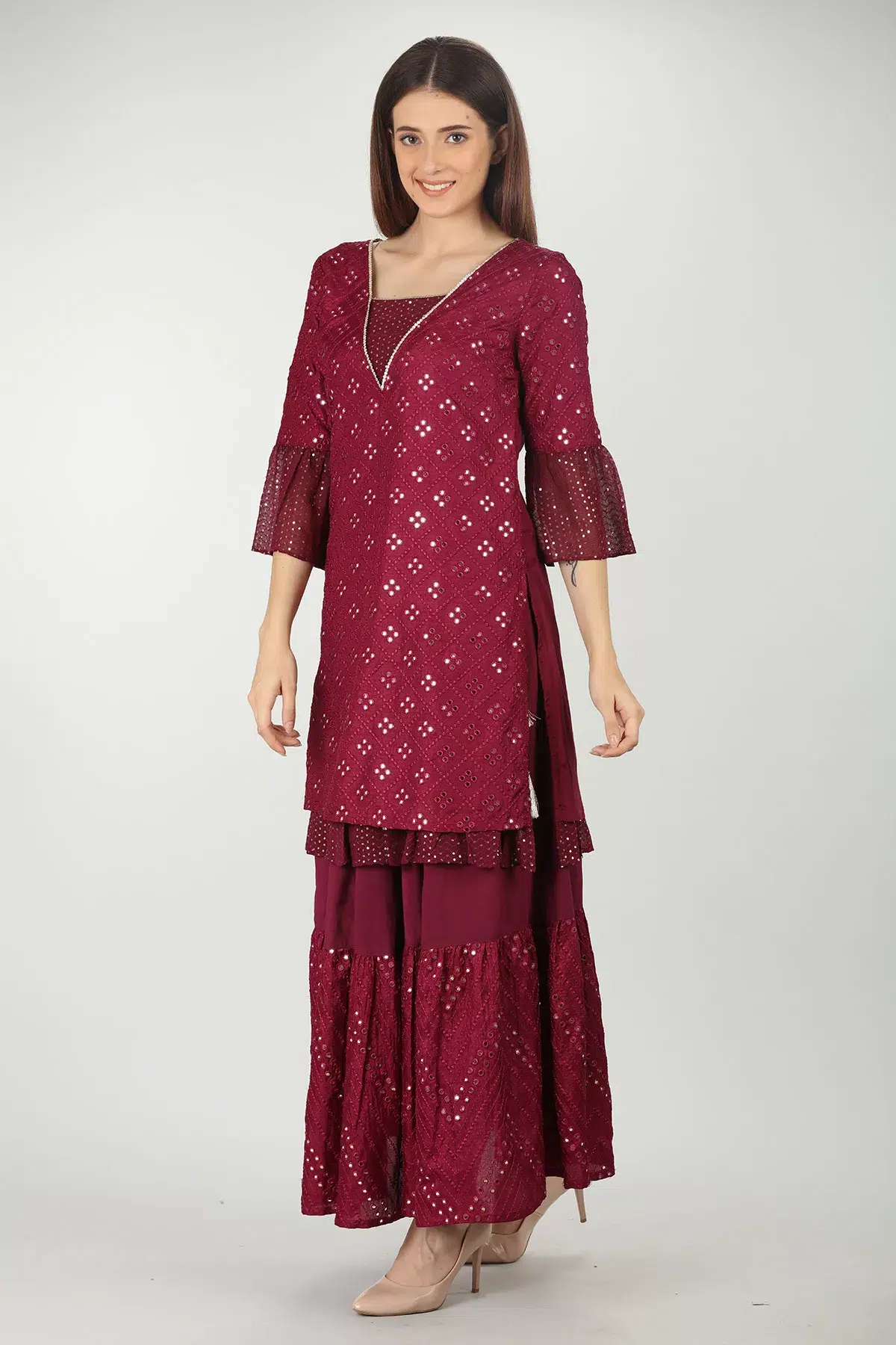 WINE EMBELLISHED V-NECK KURTI - Image 3