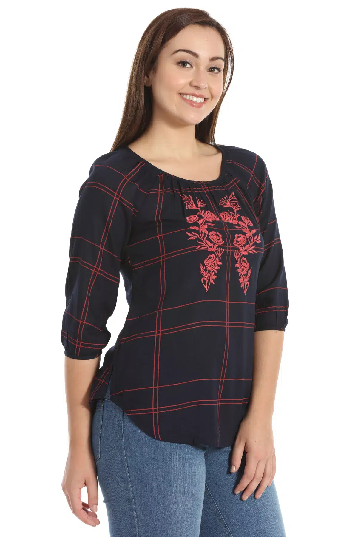Charcoal Blue Checks Top For Women Stylish