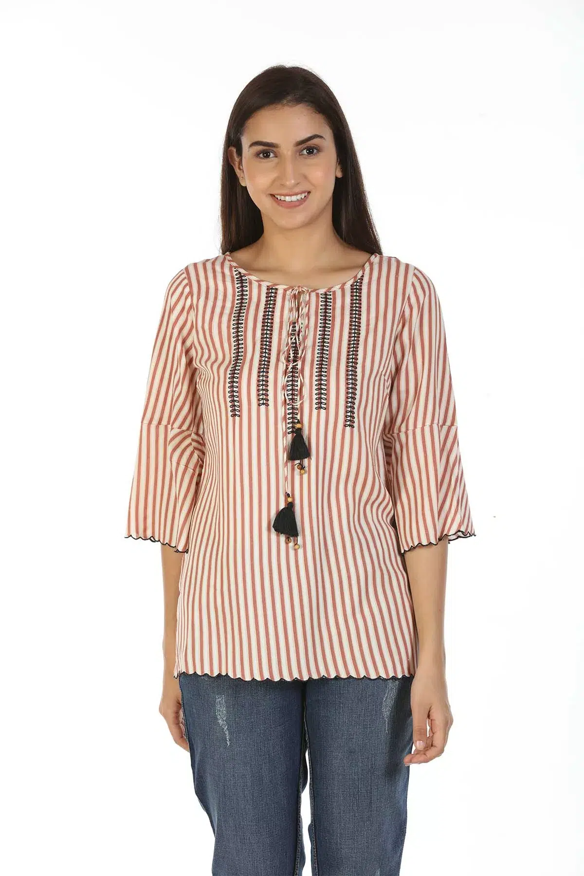 Beige Striped Women Top Casual
