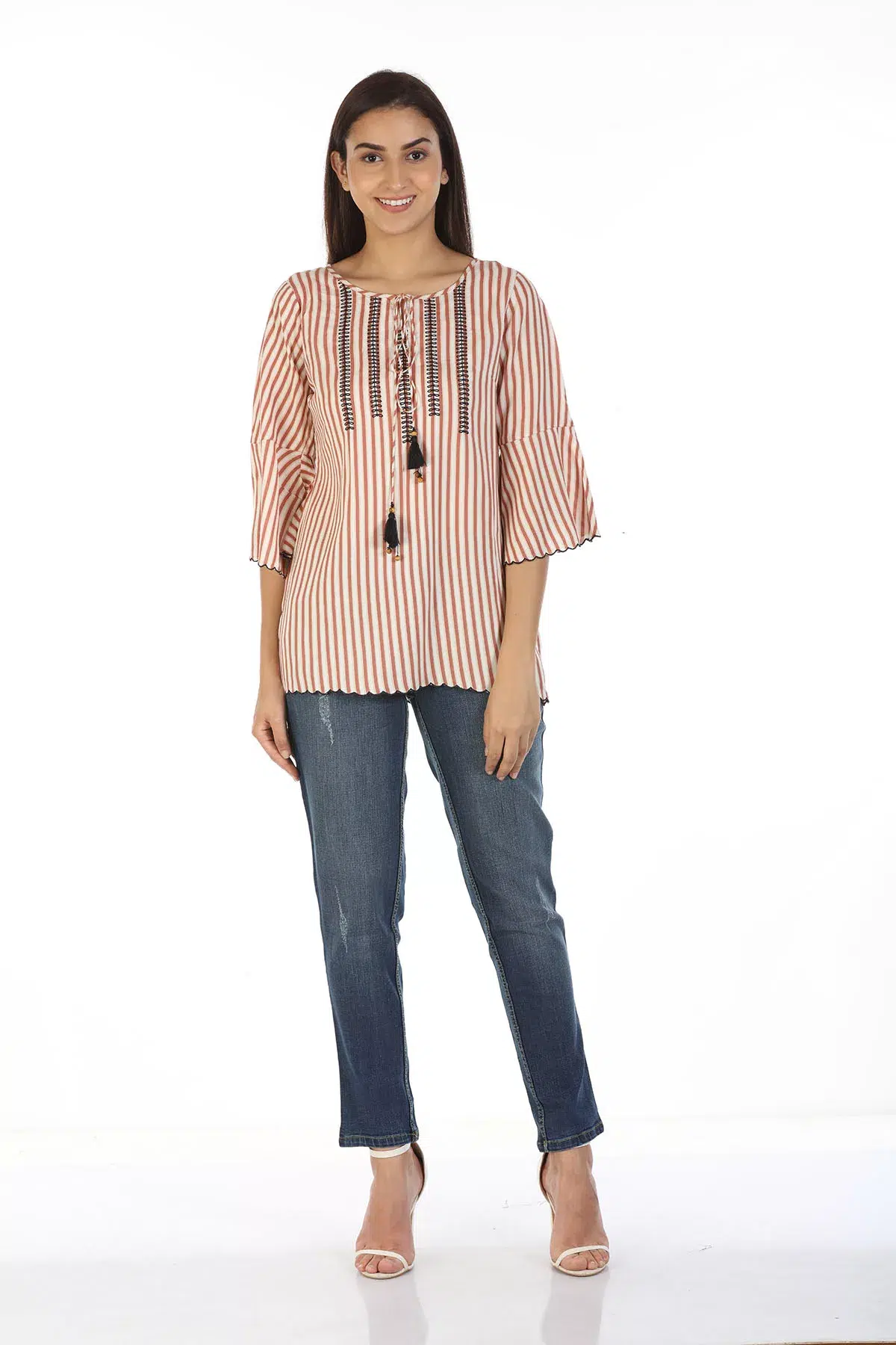 Beige Striped Women Top Casual