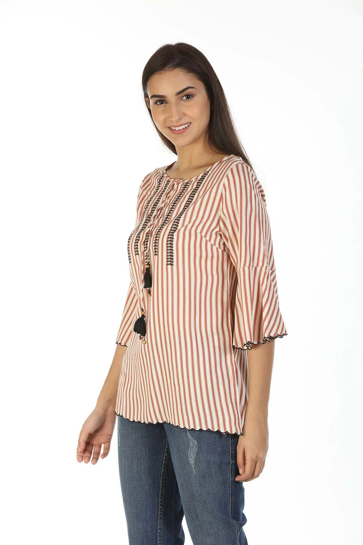 Beige Striped Women Top Casual