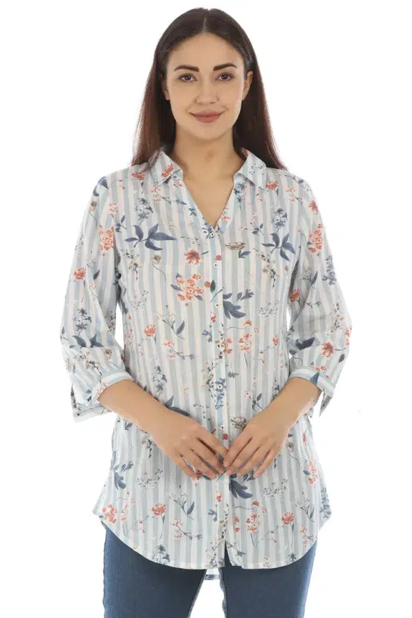 White And Light Grey Striped Printed Women Top Stylish