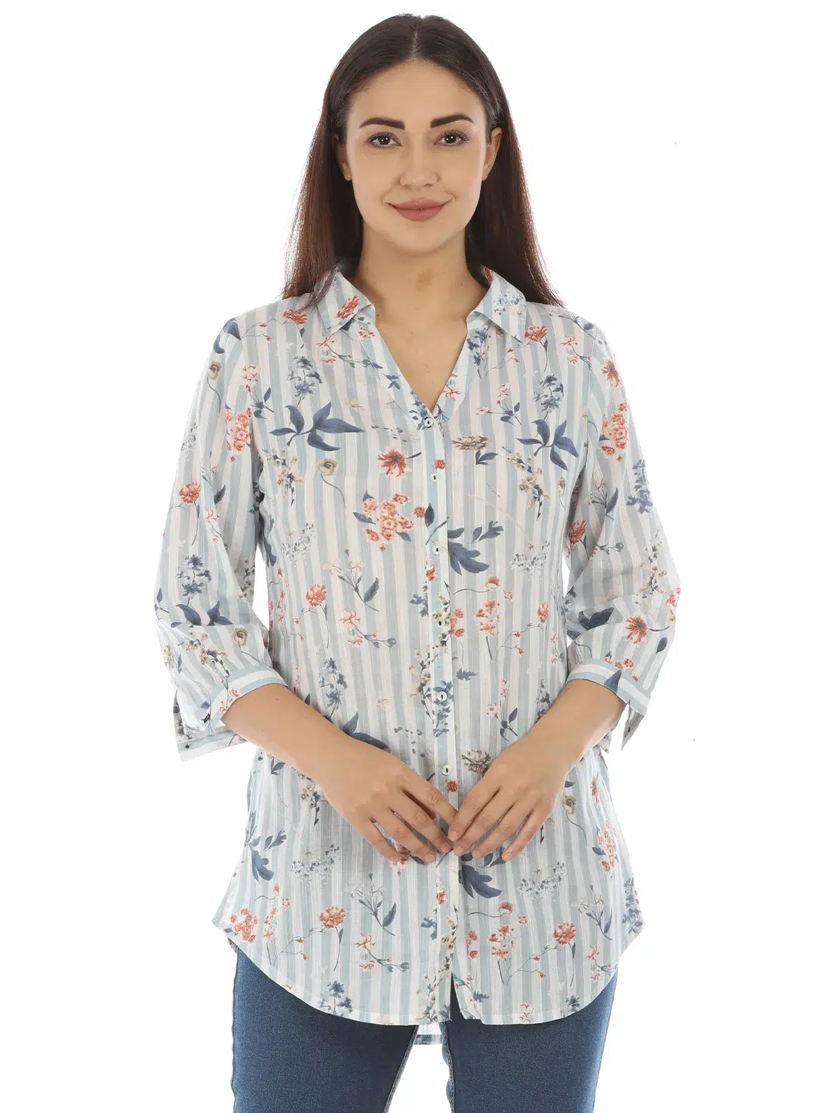 White And Light Grey Striped Printed Women Top Stylish