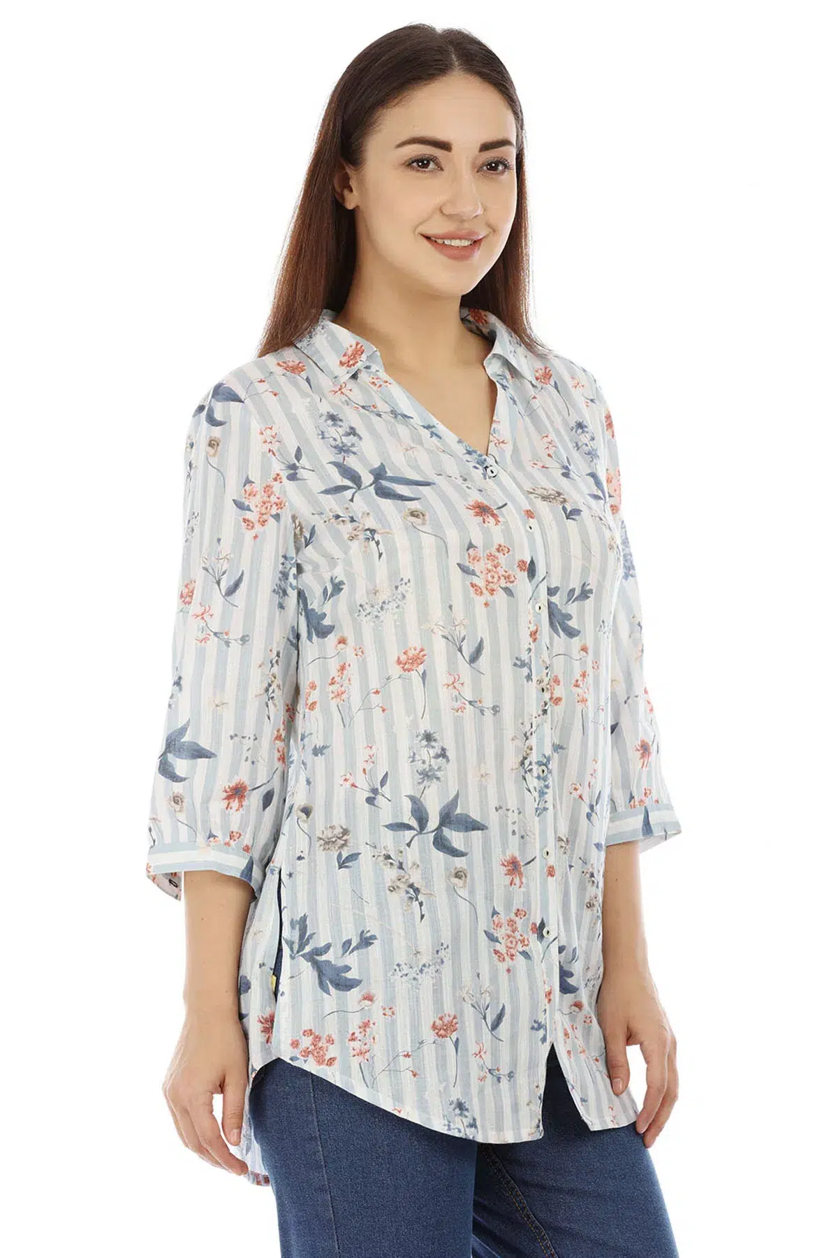 White And Light Grey Striped Printed Women Top Stylish
