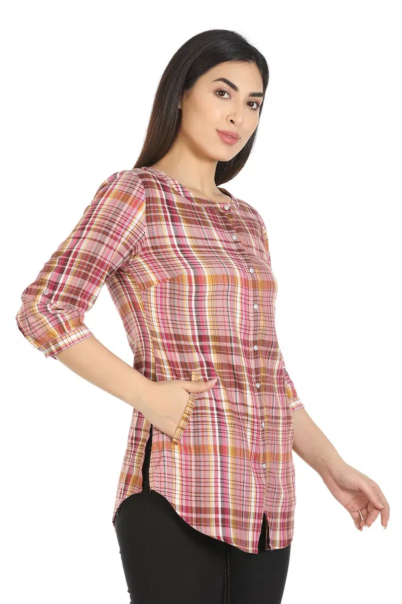 Pink Checks Women Top Casual