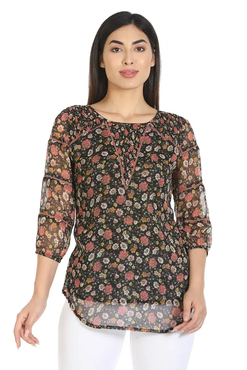 Floral Printed Black Top For Ladies