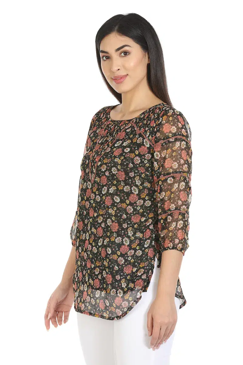 Floral Printed Black Top For Ladies