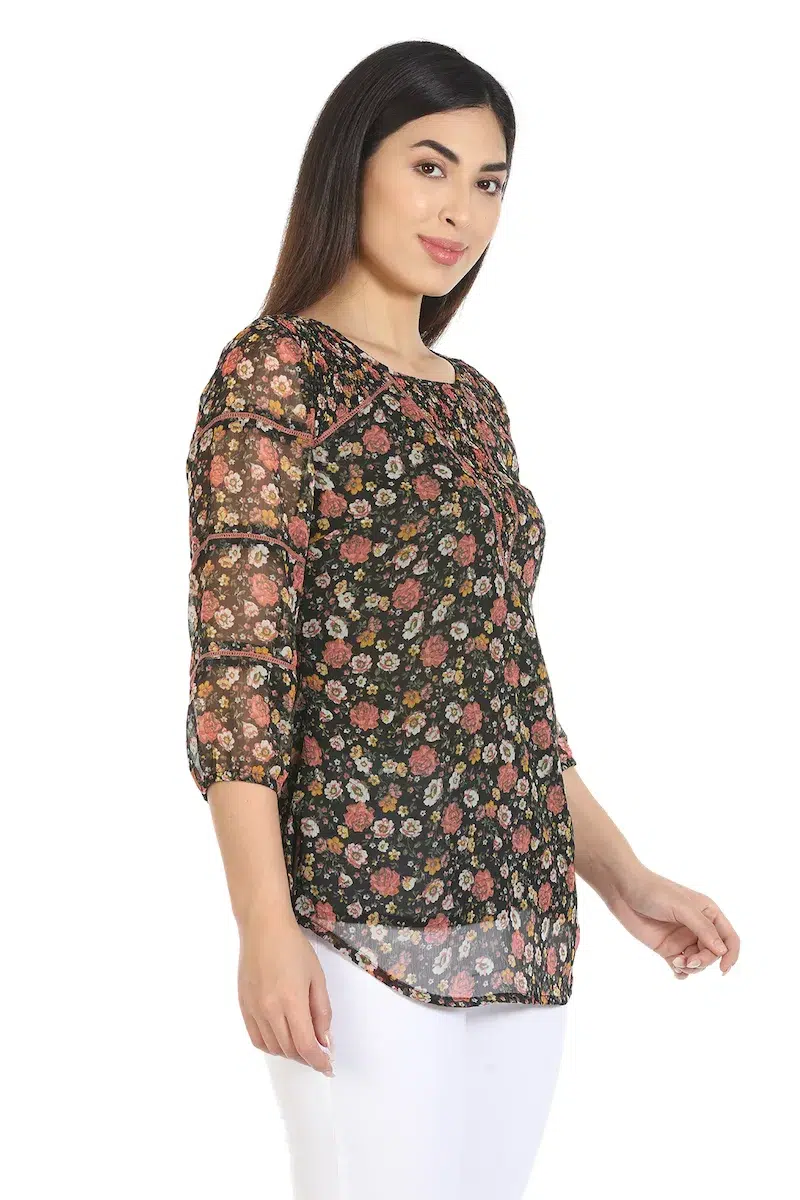 Floral Printed Black Top For Ladies
