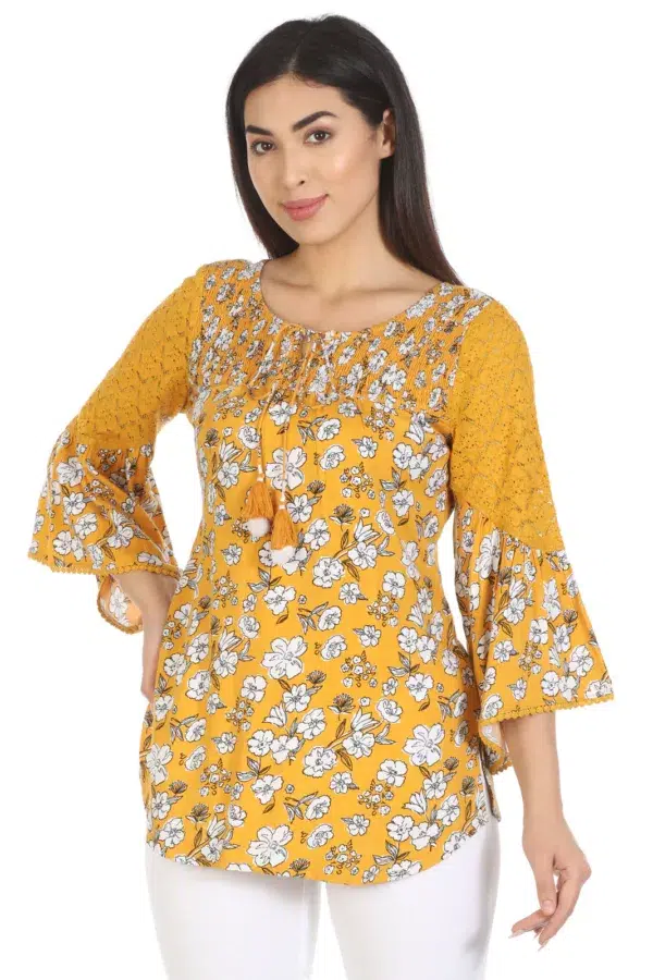 Yellow Floral Printed Top For Women