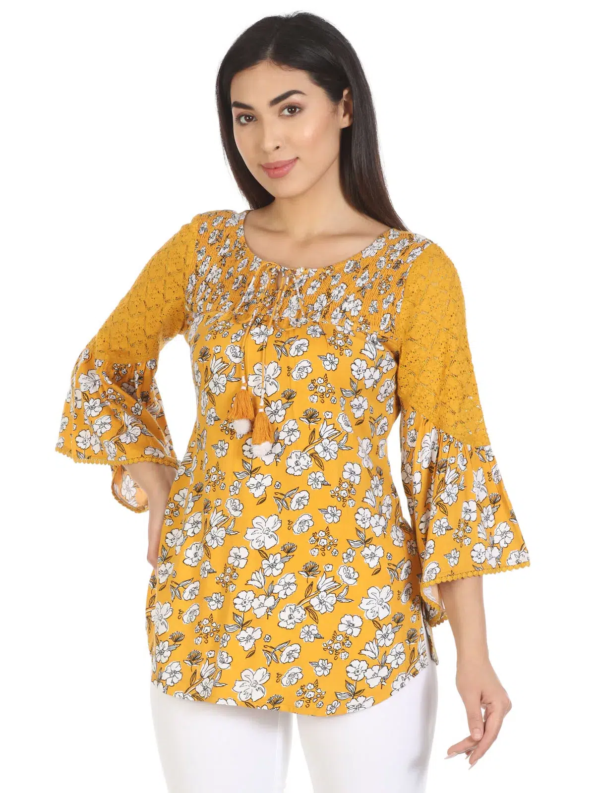 Yellow Floral Printed Top For Women
