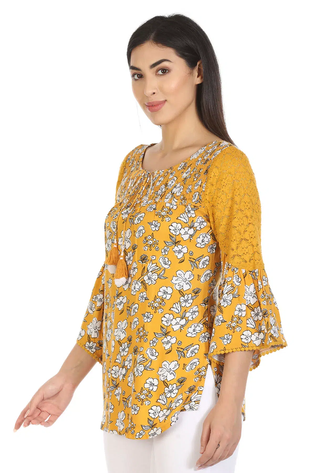 Yellow Floral Printed Top For Women