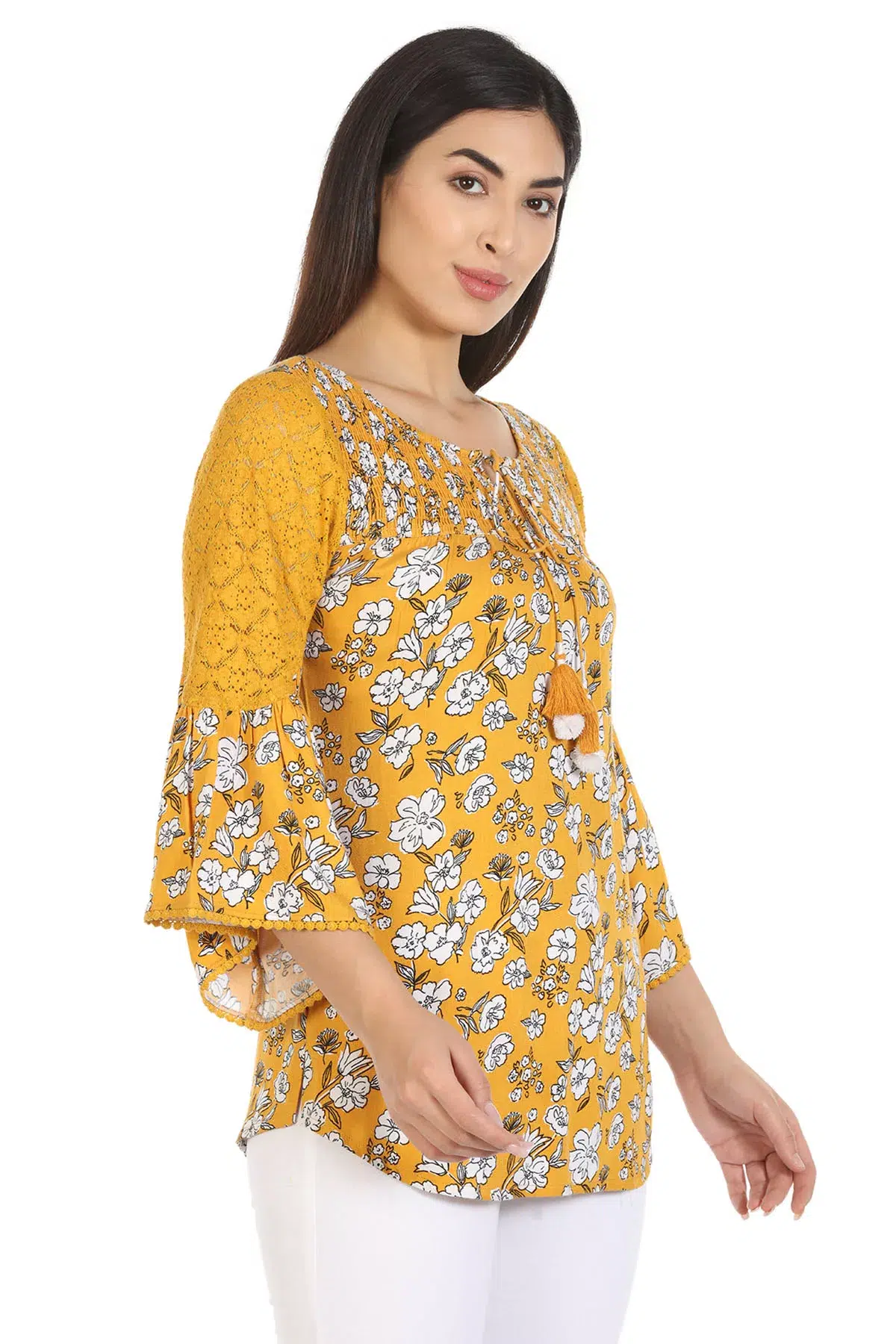 Yellow Floral Printed Top For Women