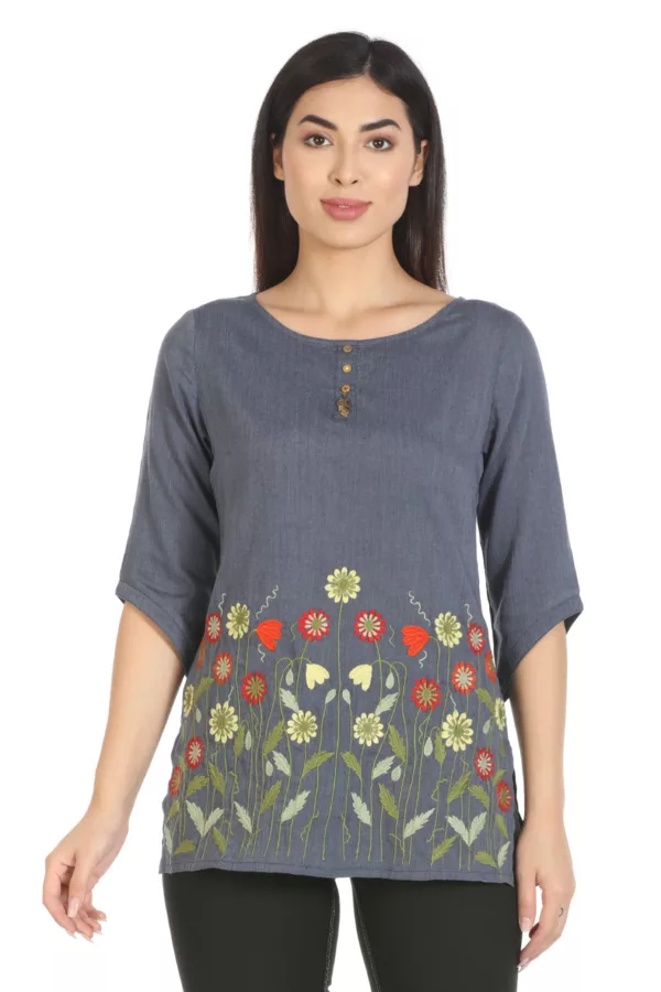 Blue Embroidered Top For Female