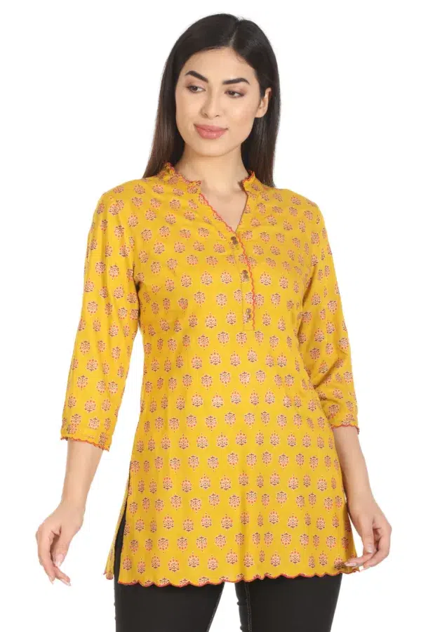 Yellow Printed Ladies Rayon Kurti