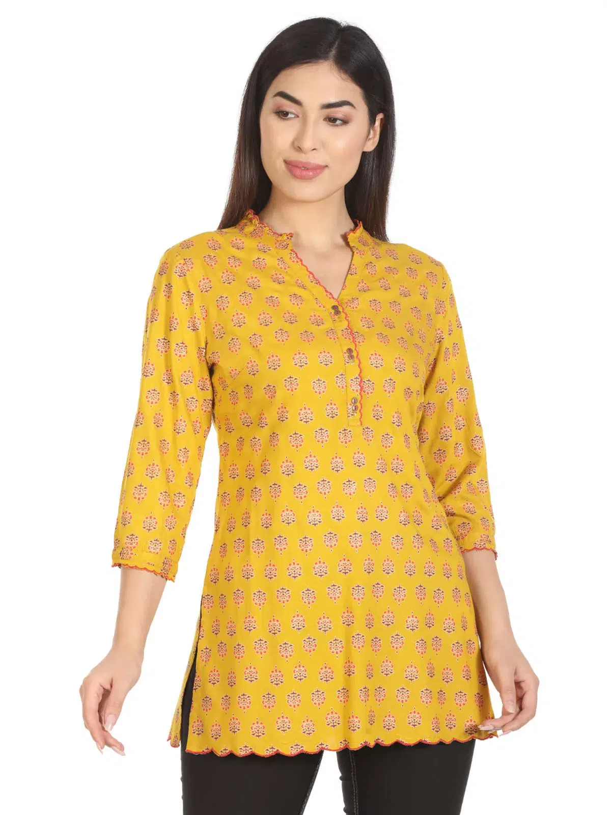 Yellow Printed Ladies Rayon Kurti