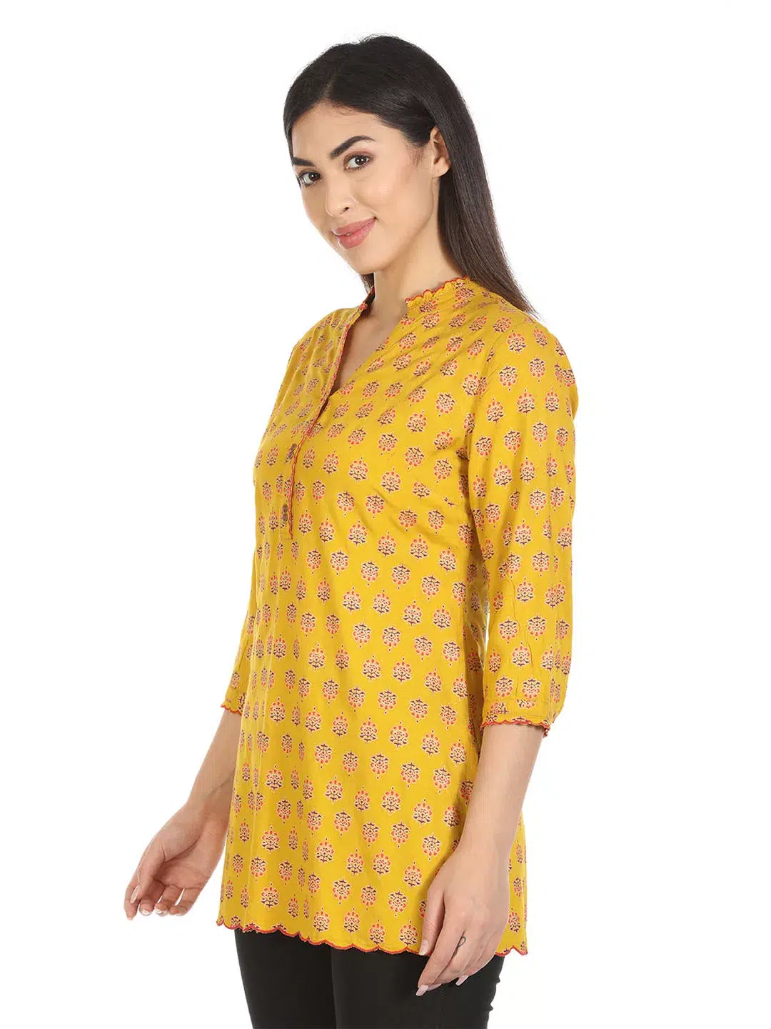 Yellow Printed Ladies Rayon Kurti
