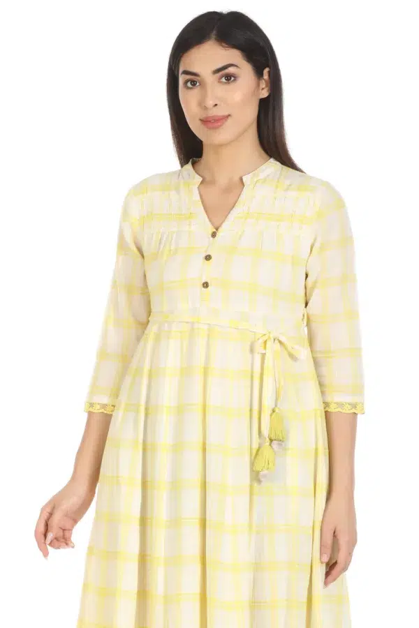 Checks Light Yellow Dress For Women