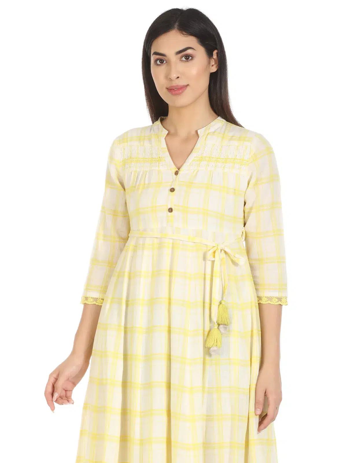 Checks Light Yellow Dress For Women