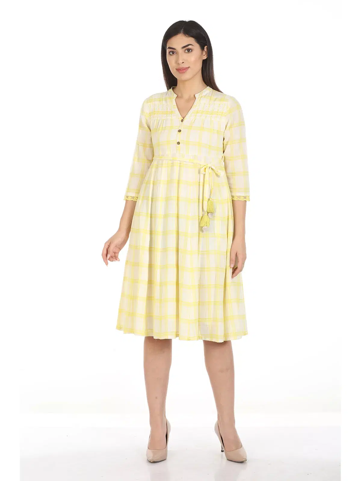 Checks Light Yellow Dress For Women