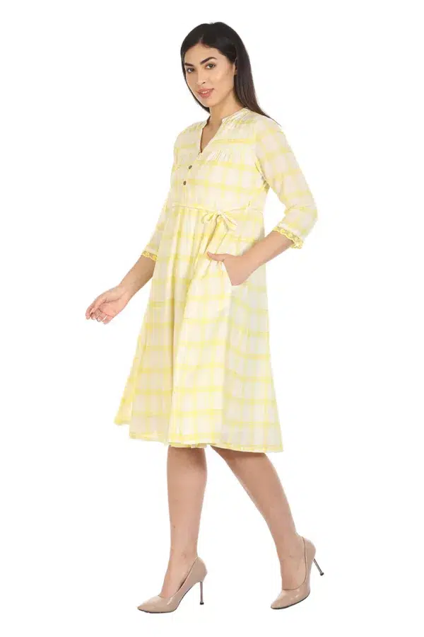 Checks Light Yellow Dress For Women