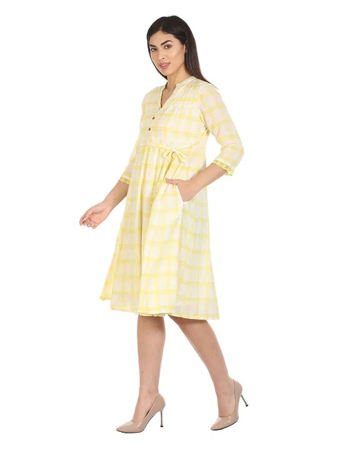 Checks Light Yellow Dress For Women