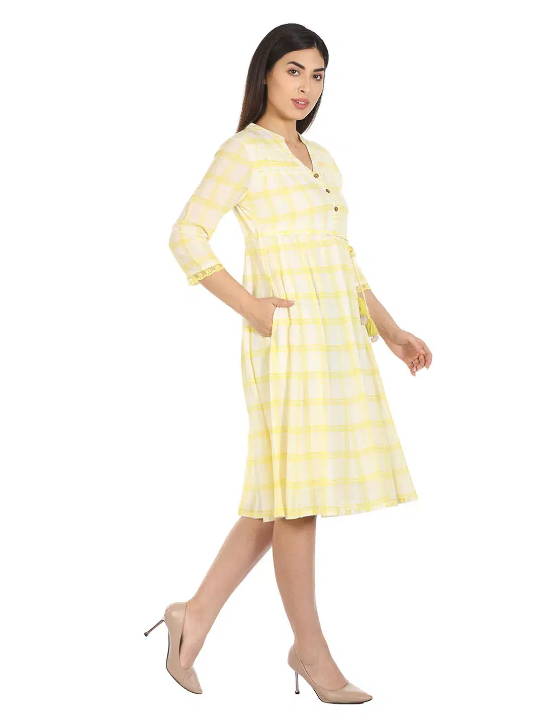 Checks Light Yellow Dress For Women