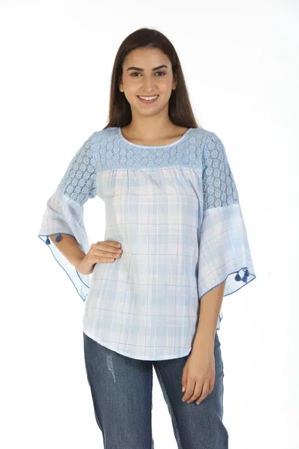 Ice Blue Checks Women Top Cotton