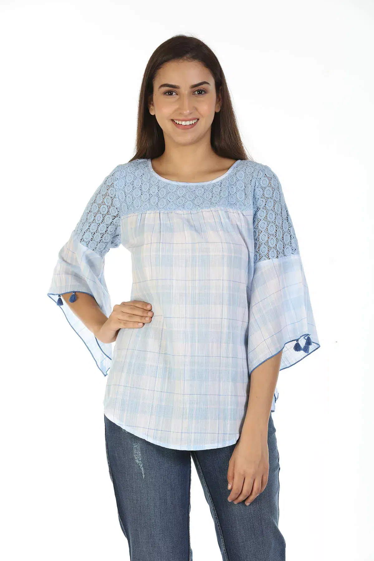 Ice Blue Checks Women Top Cotton