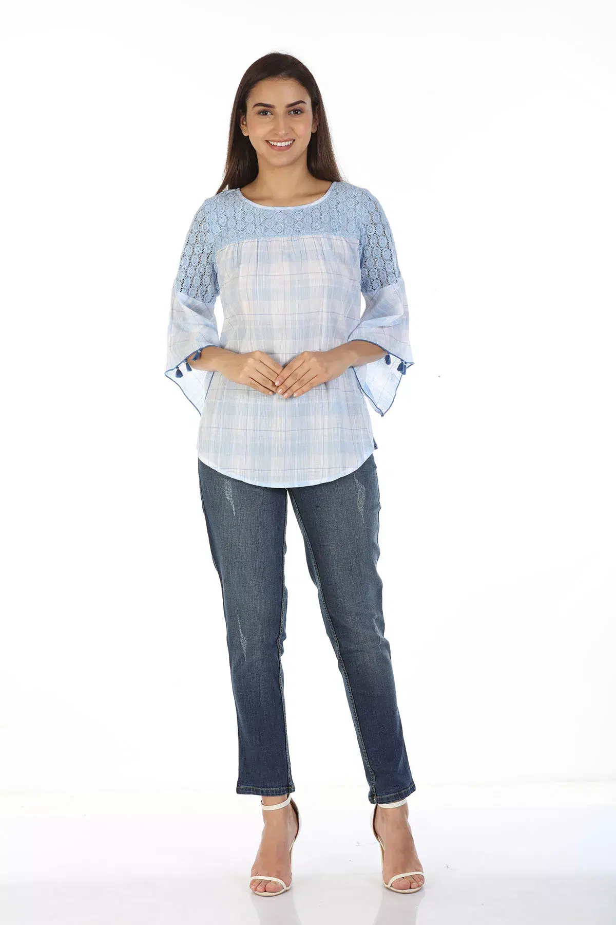 Ice Blue Checks Women Top Cotton
