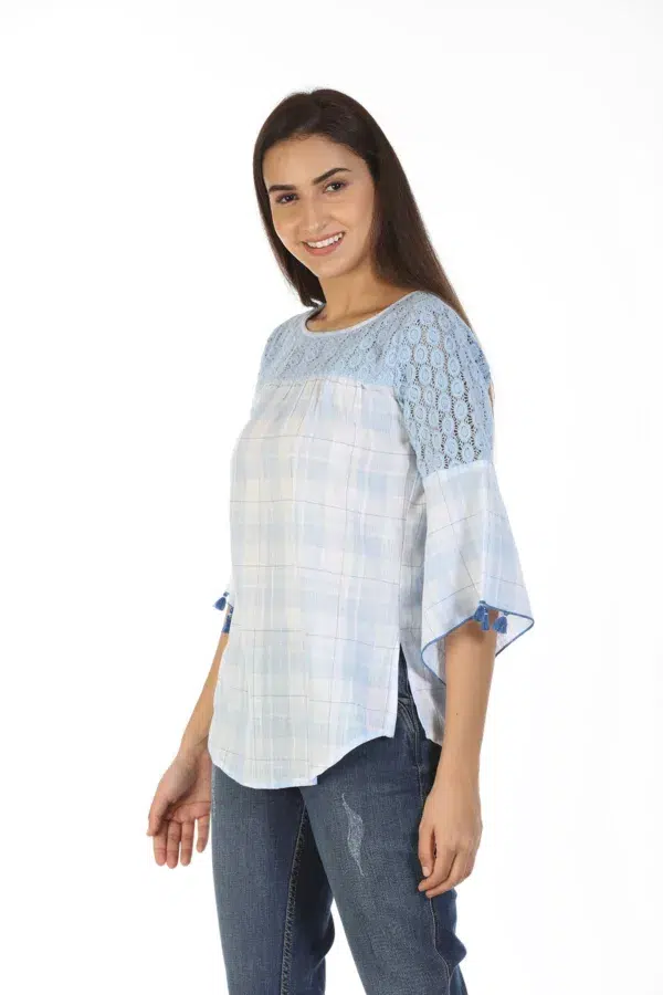 Ice Blue Checks Women Top Cotton