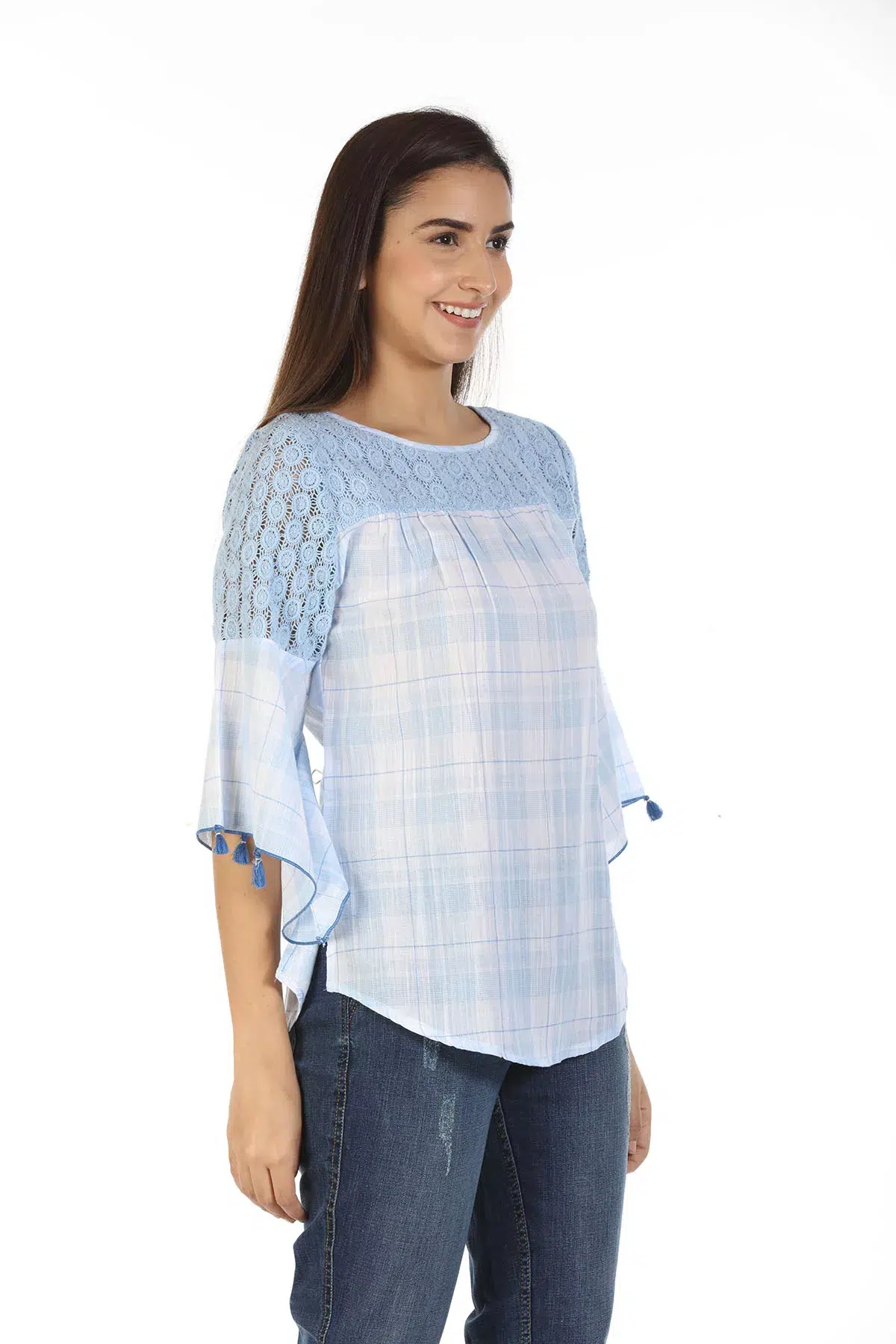 Ice Blue Checks Women Top Cotton