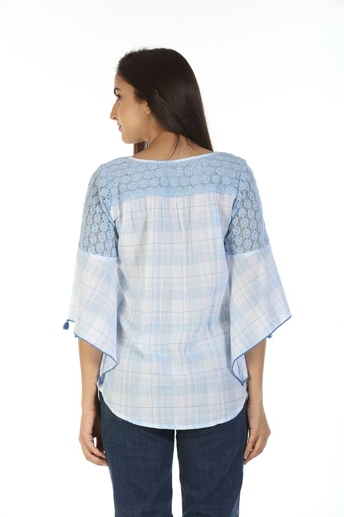 Ice Blue Checks Women Top Cotton