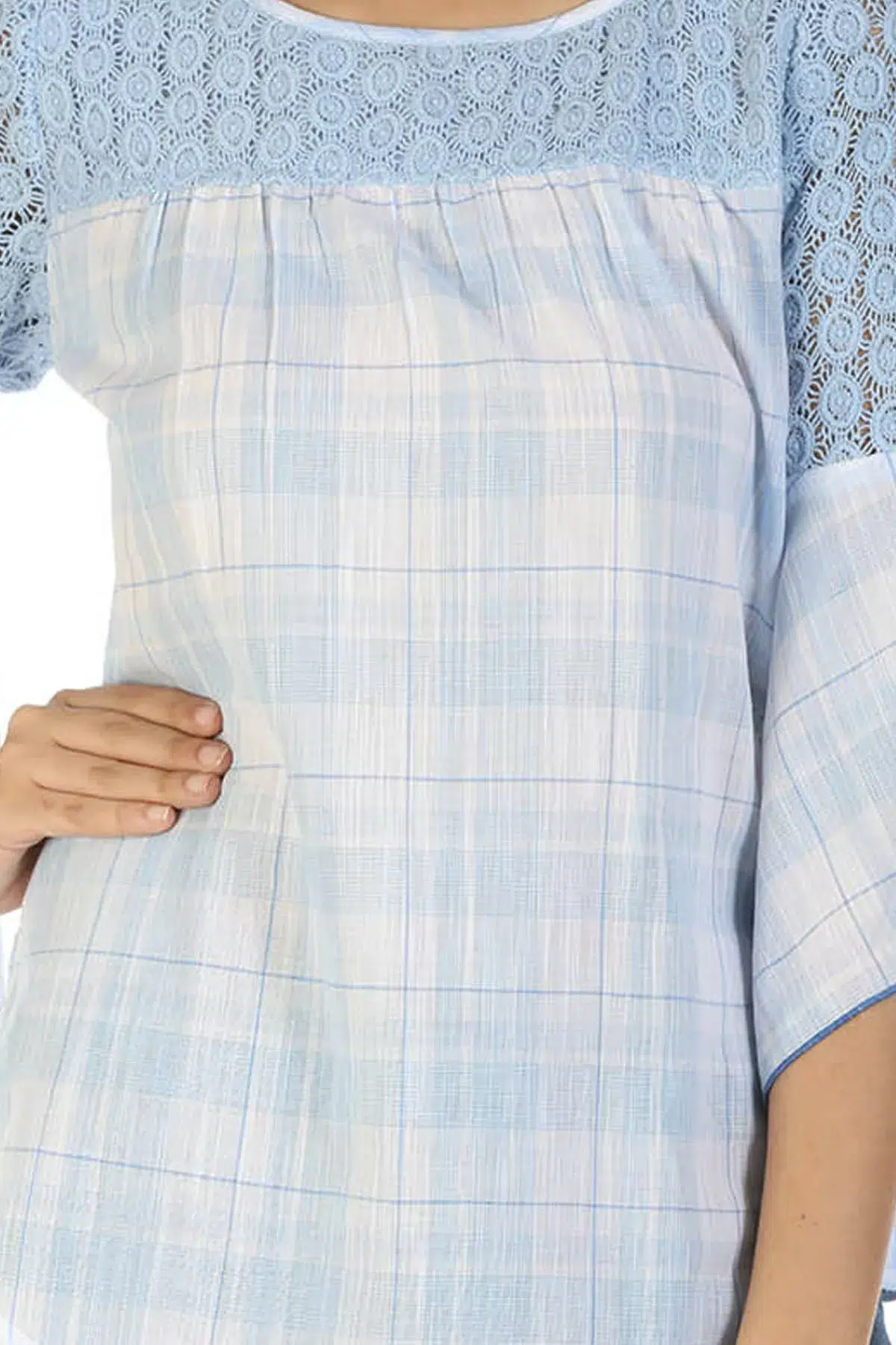 Ice Blue Checks Women Top Cotton
