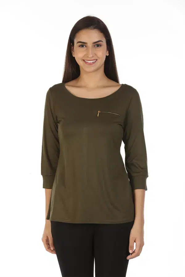 Dark Brown Solid T Shirt Top For Women
