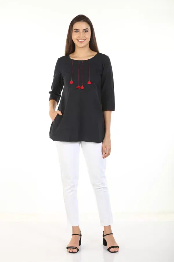 Dark Grey Embroidered Ladies Tops Indian Style